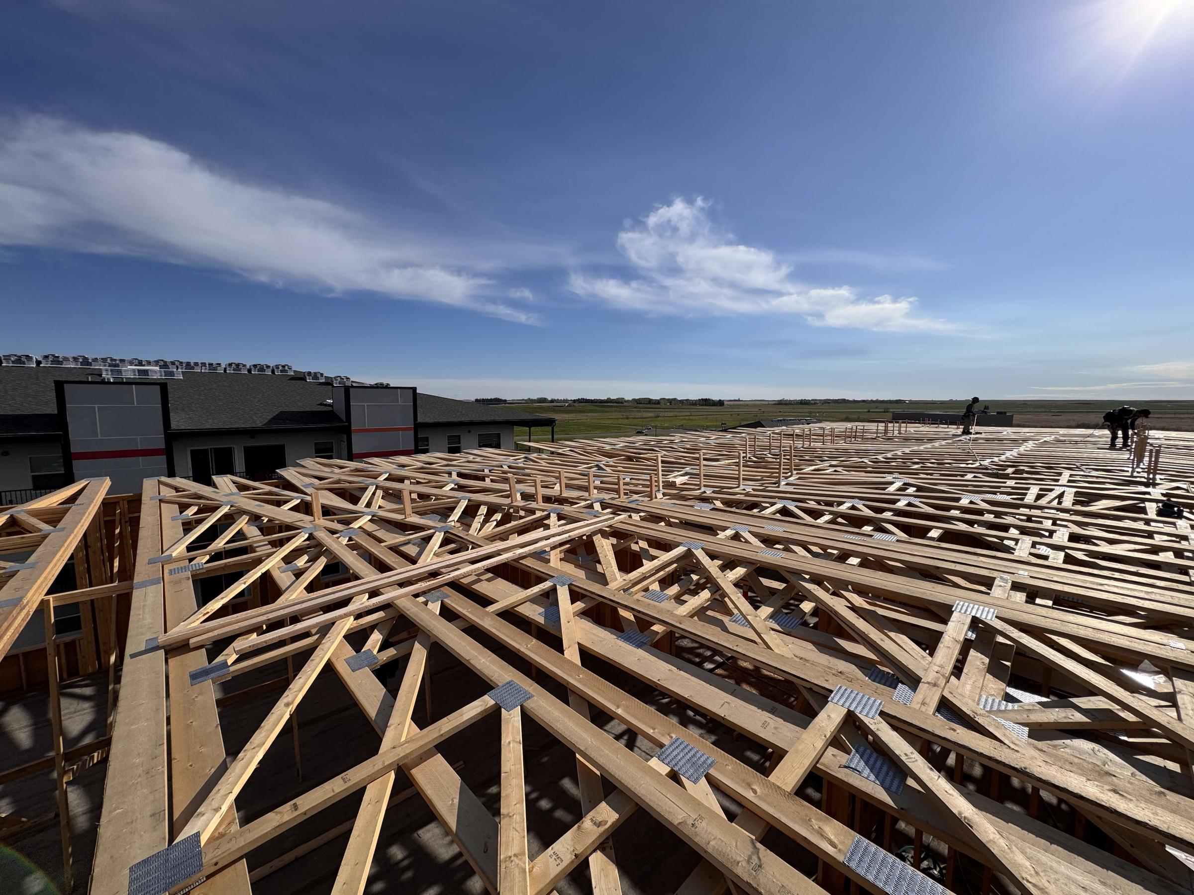 Roof trusses staged on a deck ready to set